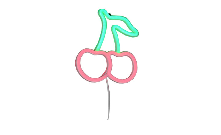 Neon-Stil Umriss von zwei rosa Kirschen mit grünen Stielen auf transparentem Kunststoff. Wandleuchte Cerise 22 cm von Reality.