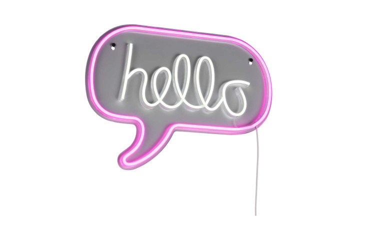 Reality LED-Wandleuchte Hello: Sprechblasen-Leuchtreklame aus transparentem Kunststoff, weiß/rosa. Leuchtmittel inklusive.