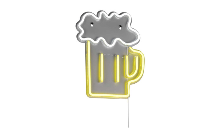 LED-Wandleuchte Beer by Reality: Bierkrugform mit weißem Schaum, gelbe Umrandung, aus transparentem Kunststoff.
