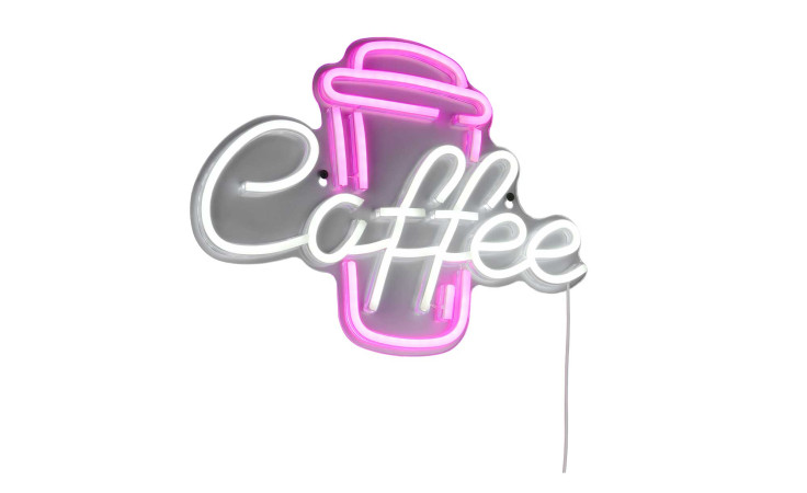 Die Reality LED-Wandleuchte Coffee ist eine neonfarbene Kaffeetassenleuchte mit Leuchtmittel inklusive auf weißem Hintergrund.