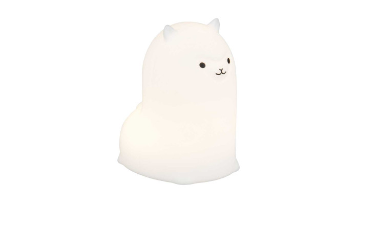 Die Reality LED-Tischleuchte Paky 13,8 cm ist eine niedliche weiße Kunststofflampe in Form eines Alpakas mit kleinen Ohren und einem lächelnden Gesicht.
