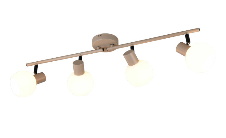 Die Reality Strahler Boba 70 cm ist eine Deckenleuchte mit vier runden Glaskolben auf einem schlanken Metallstab.