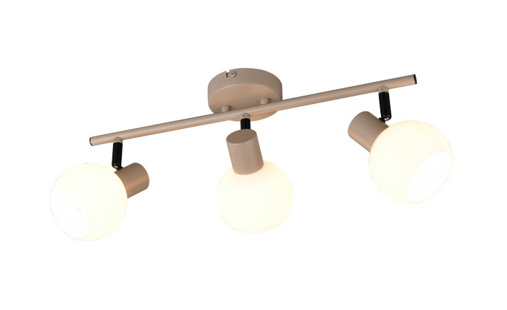 Reality Strahler Boba 45 cm: dreiflammiger Deckenstrahler mit runden Glaskugeln und beigem Metallstab.