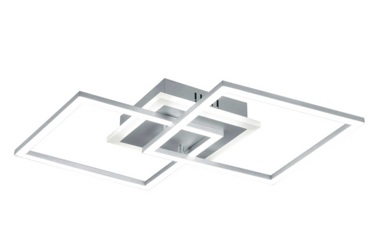 Die Reality LED-Deckenleuchte Venida verfügt über zwei sich überlappende beleuchtete quadratische Rahmen und einen titanfarbenen Metallsockel.