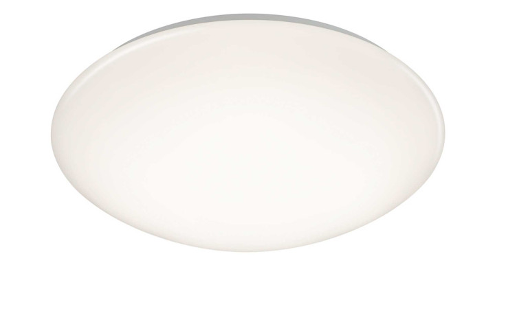 Runde, weiße LED-Deckenleuchte Putz 37 cm von Reality mit glattem Design vor neutralem Hintergrund.
