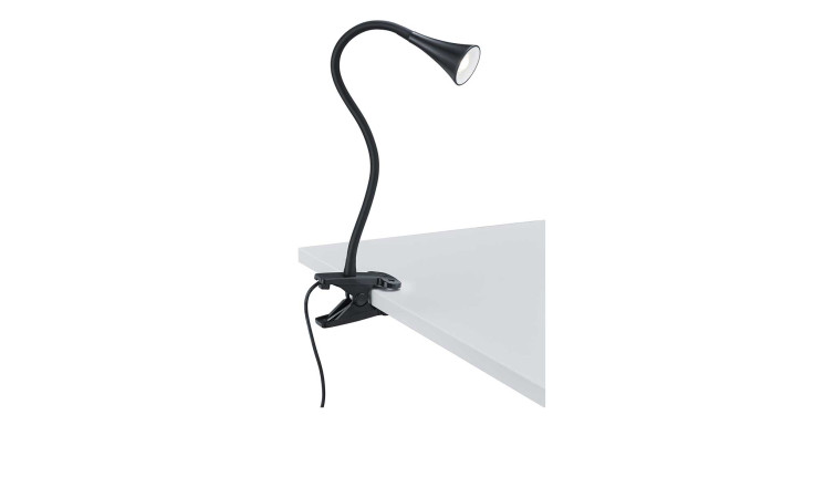 Reality LED-Klemmleuchte Viper, schwarz, flexibel, incl. Leuchtmittel, am weißen Tisch mit sichtbarem Netzkabel.