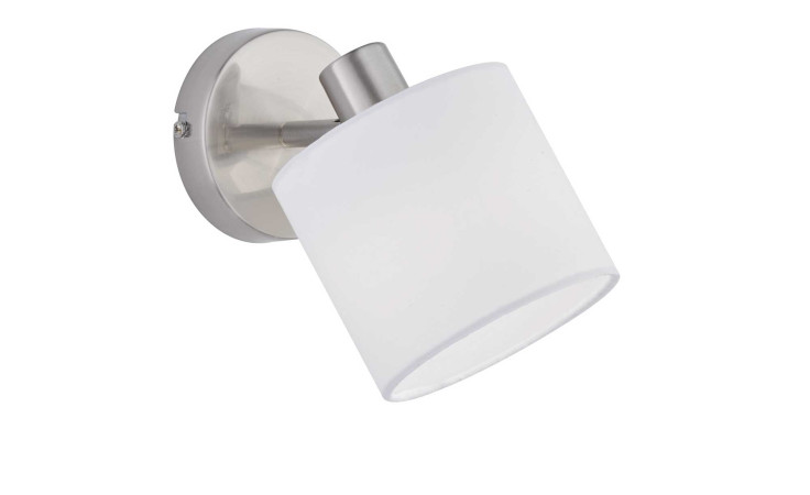 Strahler Tommy von Reality: eine moderne Wandleuchte mit mattem Nickelsockel und weißem, zylindrischem, nach unten gerichtetem Glasschirm.