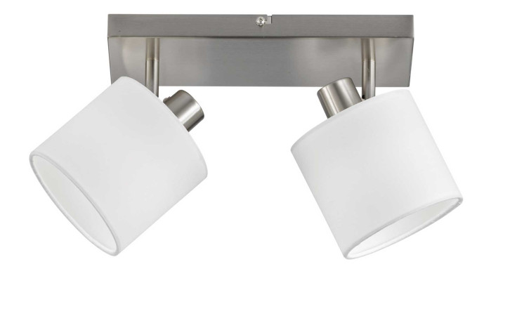 Zwei weiße, zylindrische Strahler Tommy by Reality auf einem Sockel aus nickel-mattem Metall, nach außen gewinkelt.