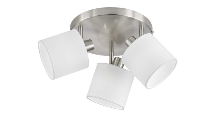 Strahler Tommy von Reality: matt vernickelte Deckenleuchte mit 3 verstellbaren Milchglasschirmen auf einem runden Metallsockel.