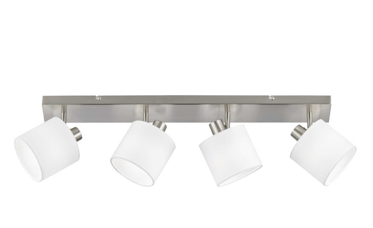 Reality Strahler Tommy: Vierflammige Waschtischleuchte in mattem Nickel mit verstellbaren weißen Metallzylinderschirmen.