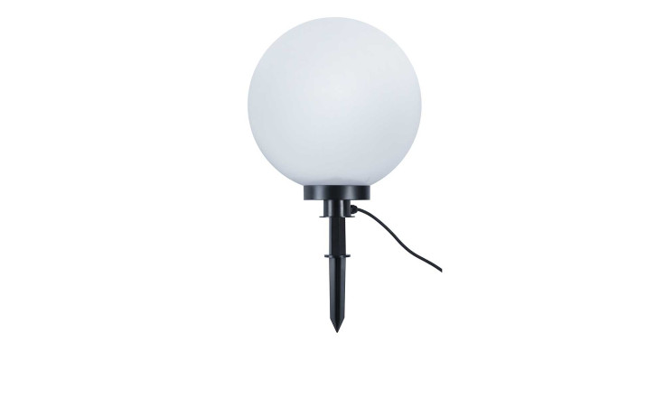 Die Reality Stehleuchte Bolo 40 cm ist eine teilmontierte Außenleuchte in Schwarz Weiß Kunststoff mit Kugelschirm und Kordel.