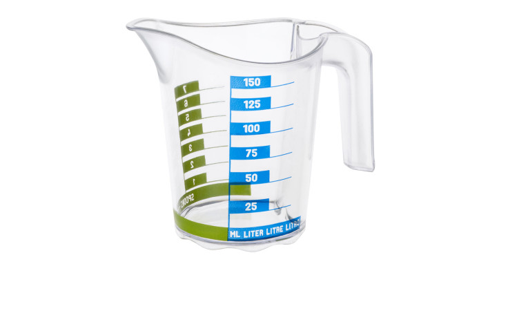 Messbecher Domino 150 ml aus Kunststoff mit farbiger Beschriftung.