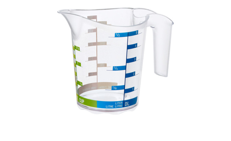 Messbecher Domino 500 ml aus transparentem Kunstoff mit farbiger Beschriftung.