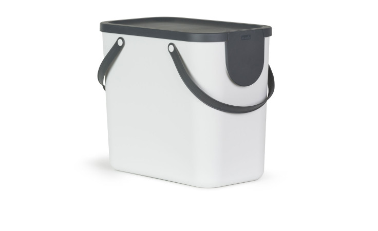 Recycling Müllsystem Albula 25 l aus weißem Kunststoff und schwarzem Deckel und Griffen.