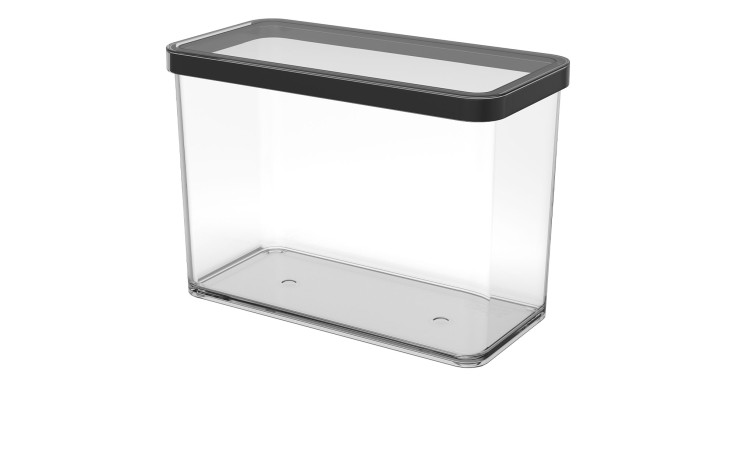 Premium Dose 2,1 l aus transparentem Kunststoff mit schwarzen Absetzungen.