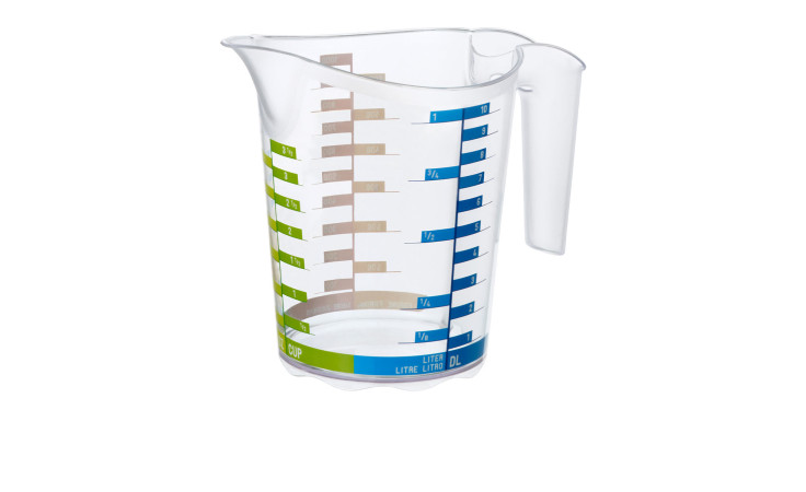 Messbecher Domino 1 l aus transparentem Kunststoff mit grün und blauer Beschriftung.