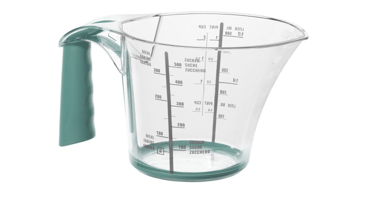 Messbecher Loft 600 ml aus transparentem Kunststoff mit grünen Absetzungen.