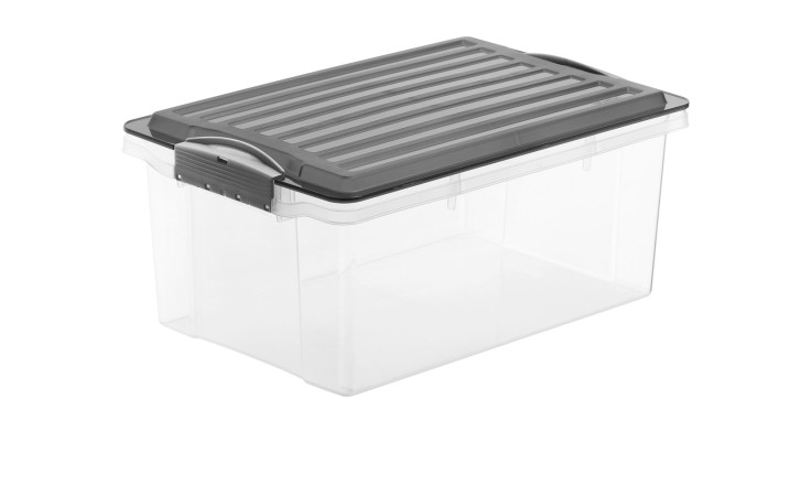 Stapelbox Compact 13 l / A4 aus transparentem Kunststoff mit schwarzem Deckel.