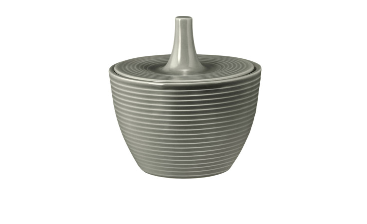 Die Seltmann Zuckerdose Beat Perlgrau 270 ml mit Deckel und hohem Griff, 10 cm Durchmesser, auf weißem Grund.