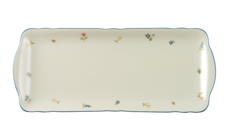 Kuchenplatte Marieluise 34,5 x 15 cm aus Porzellan mit floralem Motiv.