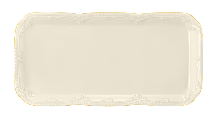 Kuchenplatte Rubin 17,7 x 35 cm aus Porzellan in beige mit goldenem Rand.