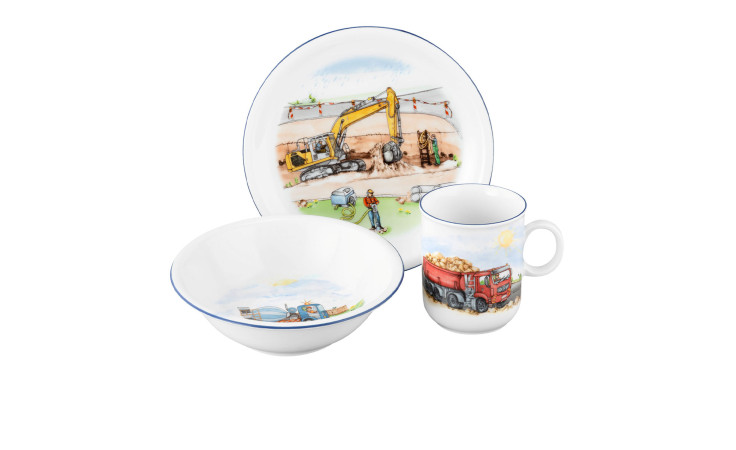 Seltmann Kinder-Set Auf der Baustelle 3-tlg: Teller, Schüssel & Becher mit Bau-Motiven für Kinder.