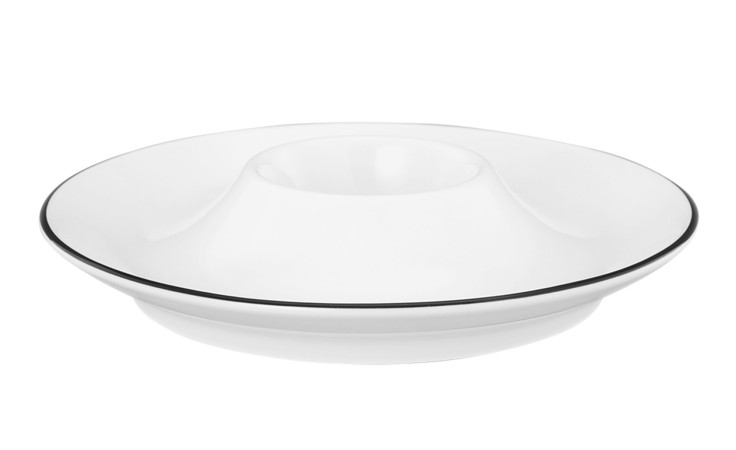 Eierbecher Lido aus weißem Porzellan mit schwarzem Rand.