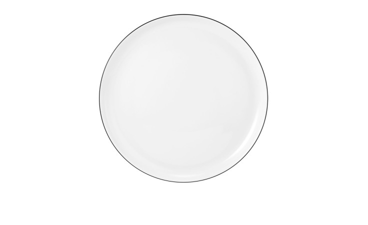 Ein schlichter Seltmann Speiseteller Lido 26,2 cm mit dünnem schwarz-weißem Rand, aufgenommen von oben auf weißem Hintergrund.