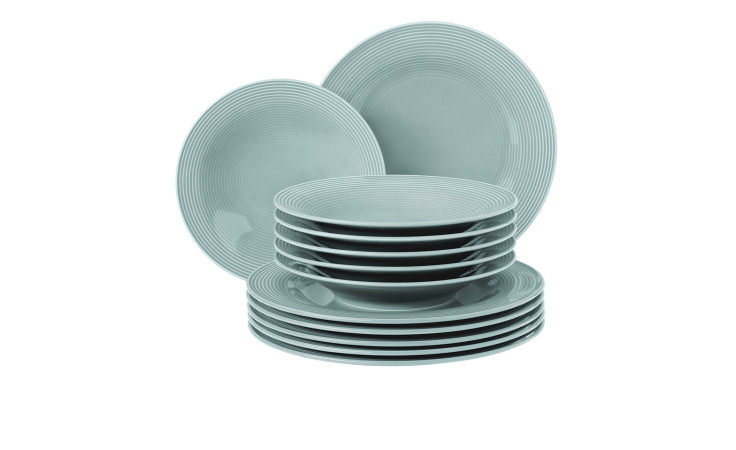 Tafelservice Beat aus Porzellan in Arktisblau bestehend aus 12 Teilen.
