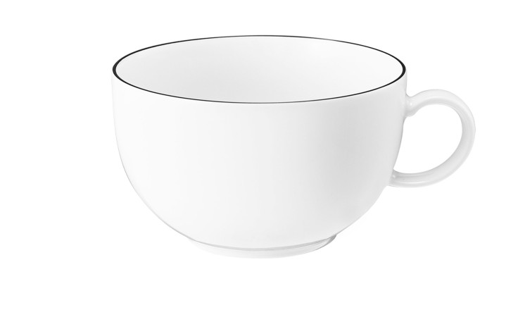 Milchkaffeetasse Lido 350 ml aus weißem Porzellan mit schwarzem Rand.