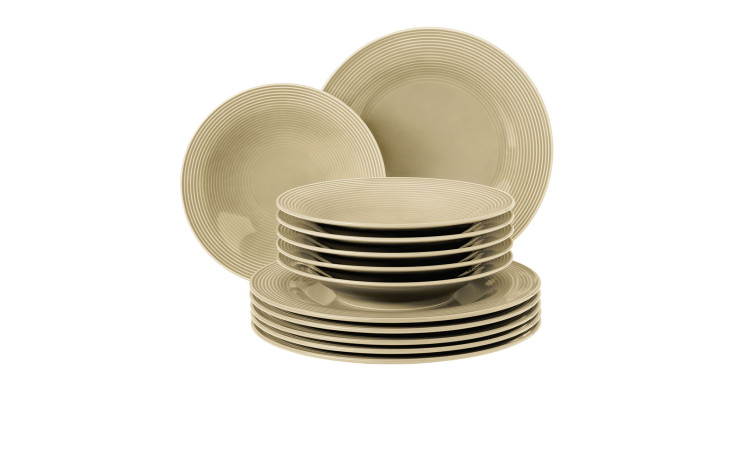 Tafelservice Beat aus Porzellan in Sandbeige bestehend aus 12 Teilen.