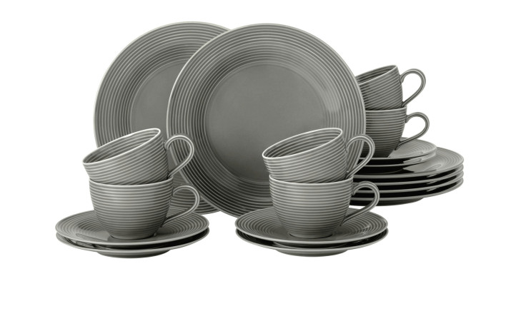 Kaffeeservice Beat aus Porzellan in Perlgrau bestehend aus 18 Teilen.