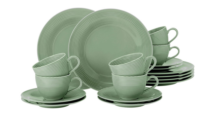 Kaffeeservice Beat aus Porzellan in Salbeigrün bestehend aus 18 Teilen.
