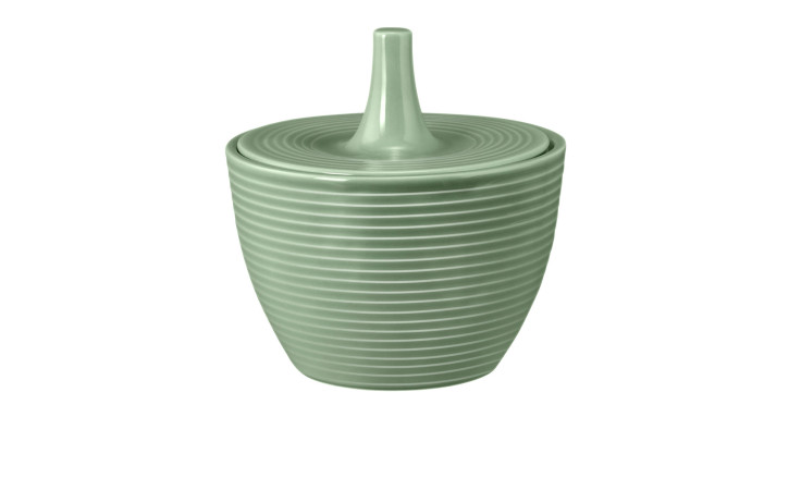 Die Seltmann Zuckerdose Beat Salbeigrün (270ml) hat vertikale Rillen, einen abgerundeten Körper und einen hohen Deckel mit Henkel.