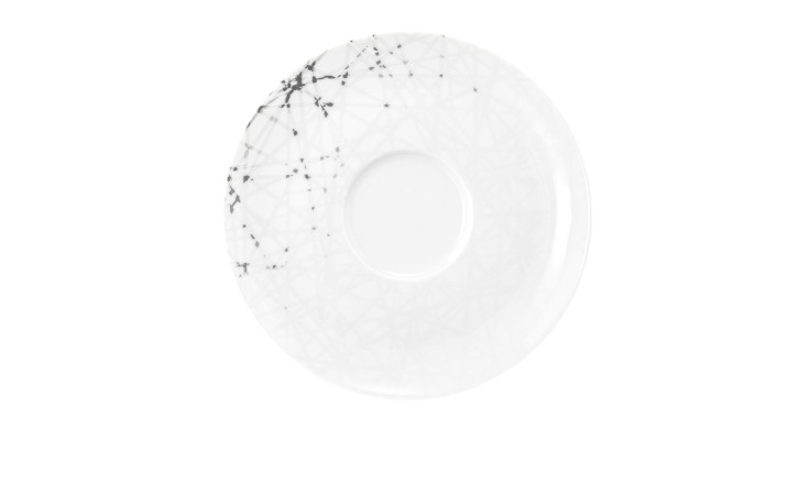 Kombi-Untertasse Liberty 16,5 cm aus weißem Porzellan mit schwarz-grauem Motiv.