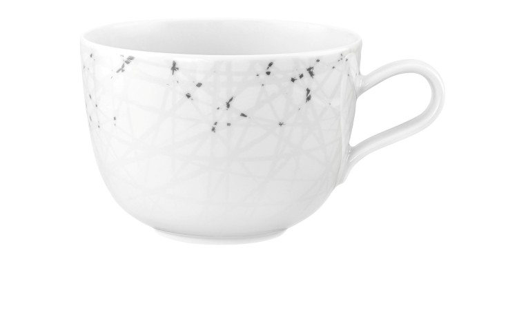Milchkaffeetasse Liberty 380 ml aus weißem Porzellan mit schwarz-grauem Motiv.