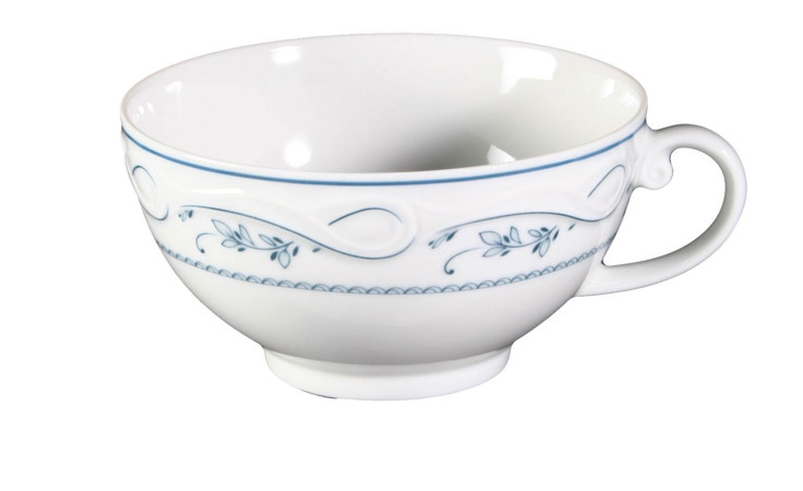 Teetasse Desiree 210 ml aus weißem Porzellan mit blauen Akzenten.