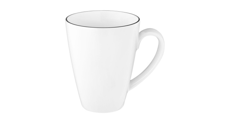 Henkelbecher Lido 350 ml aus weißem Porzellan mit schwarzen Akzenten.