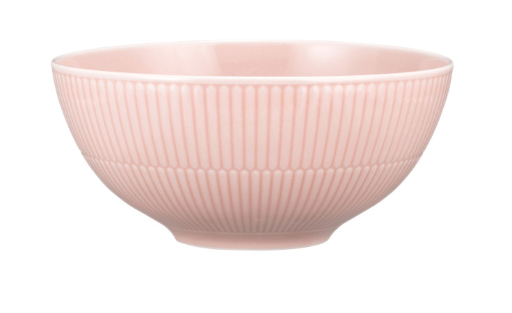 Die Seltmann Schüssel Amina Rosa (9,9 x 21,4 cm) zeigt vertikale Strukturen und einen glatten Rand auf weißem Grund.