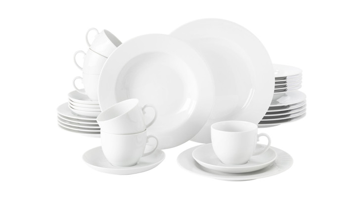 Kombiservice Rondo/Liane aus weißem Porzellan bestehend aus 30 Teilen.