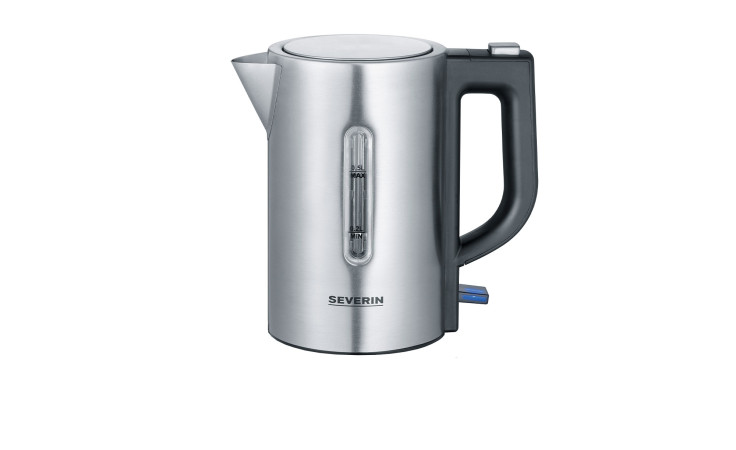 Severin SEVERIN Reise-Wasserkocher 0,5 l, Edelstahldesign mit schwarzem Griff und Wasserstandsanzeige, auf Weiß.
