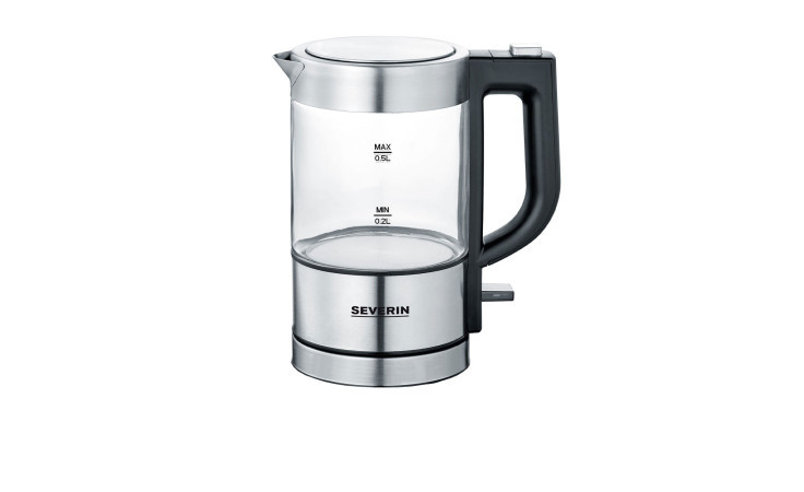 Der SEVERIN Mini-Glaswasserkocher 500 ml ist ein transparenter Severin-Wasserkocher mit schwarzem Griff, Edelstahlboden und Wasserstandsmarkierungen.