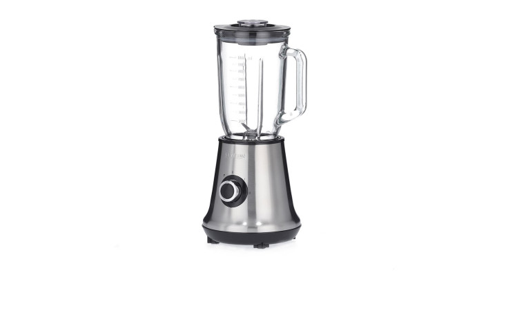 Severin SEVERIN Standmixer 1 l, Edelstahl gebürstet, transparenter Glasbehälter auf weißem Hintergrund.