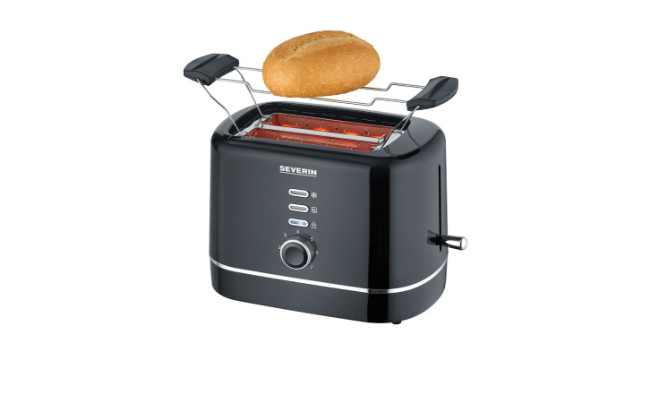 Ein Severin SEVERIN Toaster wärmt Brot auf, mit einem ganzen Brötchen auf dem Warmhalterost darüber.