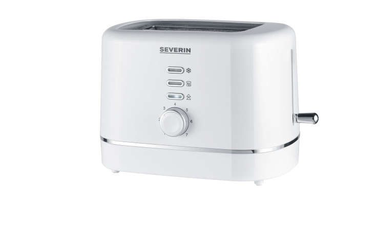 Weißer Severin Toaster mit Tasten, Drehregler und Hebel - stilvolles Zubehör für jede Küche.