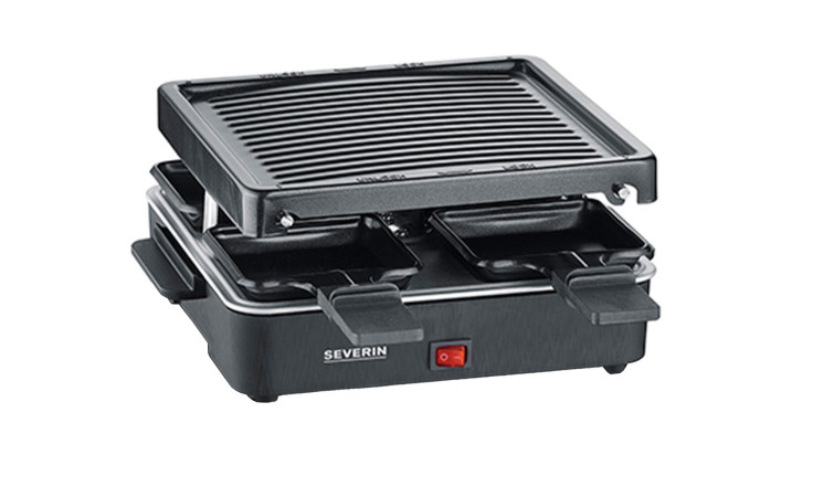 Severin SEVERIN Mini-Raclette-Grill in Schwarz, 26x40 cm, mit Antihaftplatten und 2 Pfännchen auf weißem Grund.