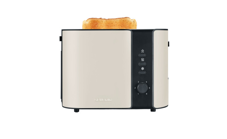 Eine Scheibe getoastetes Brot springt aus einem SEVERIN Toaster von Severin auf weißem Hintergrund.