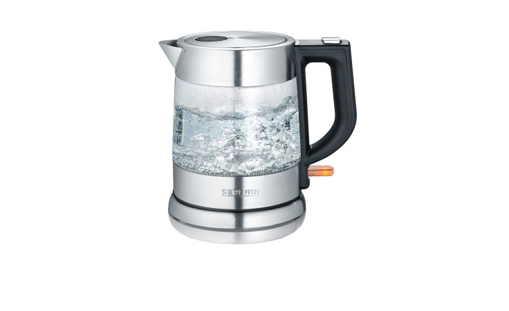 Der Severin Glas-Wasserkocher 1L ist ein transparenter Glaskessel mit Edelstahlboden, Deckel und schwarzem Griff.