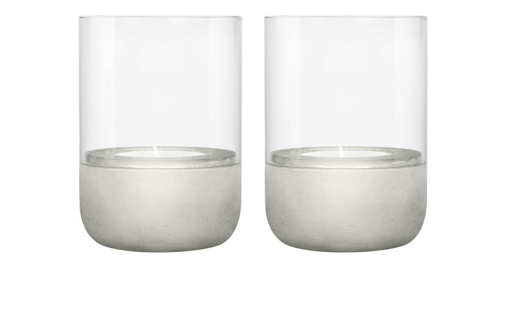 Windlicht 2er-Set Calma 9,5 cm aus transparenten Glas und einem Unterteil aus Beton in grau / weiß.