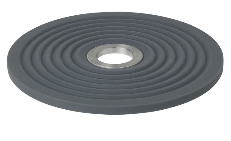 Untersetzer Oolong 14 cm aus Silikon in grau mit einem silbernen Edelstahlring in der Mitte.